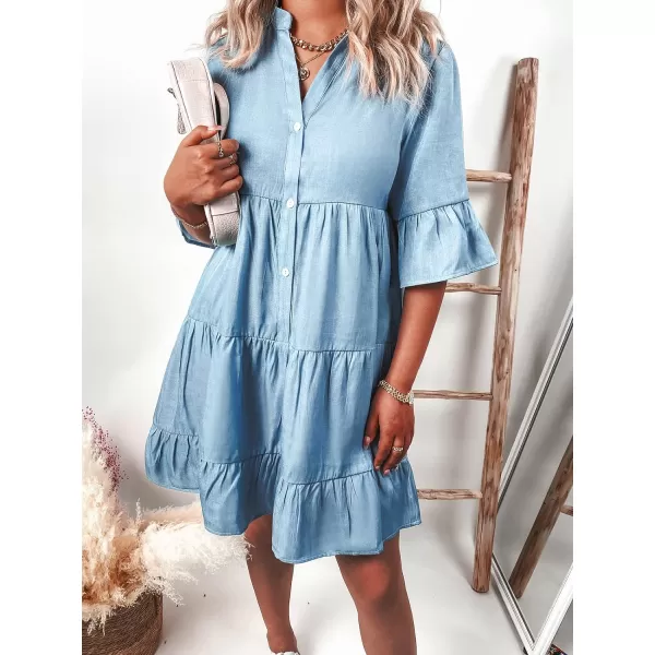 imageCUPSHE Womens High Neck Flounce Knee Length Dresses Quarter Sleeves Button Dresses with Ruffled DesignBlue