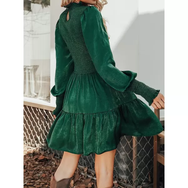 imageCUPSHE Womens High Neck Ruched Short Length Dresses Long Sleeves Smocked Dress with Tiered HemGreen