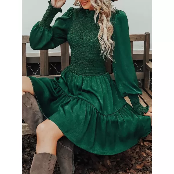 imageCUPSHE Womens High Neck Ruched Short Length Dresses Long Sleeves Smocked Dress with Tiered HemGreen