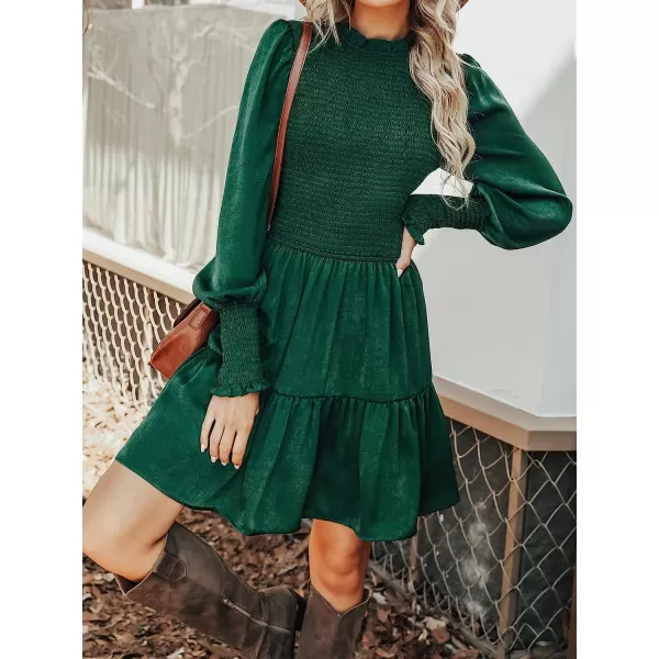 imageCUPSHE Womens High Neck Ruched Short Length Dresses Long Sleeves Smocked Dress with Tiered HemGreen