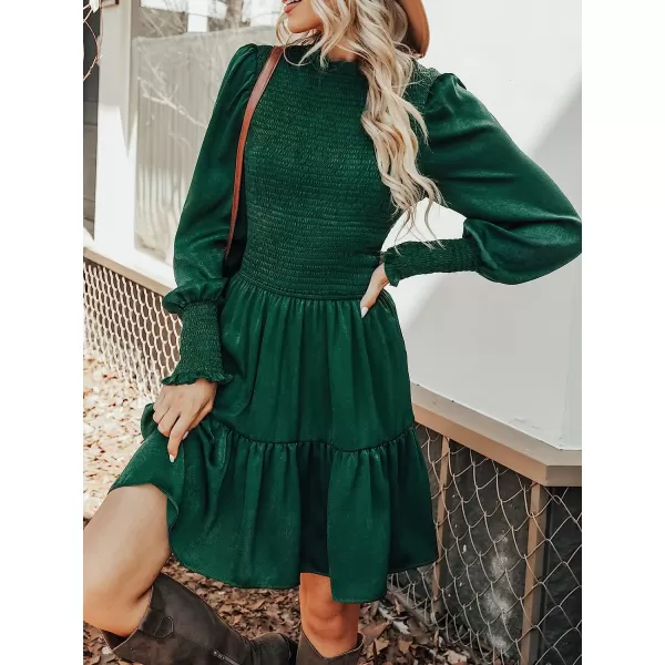 imageCUPSHE Womens High Neck Ruched Short Length Dresses Long Sleeves Smocked Dress with Tiered HemGreen
