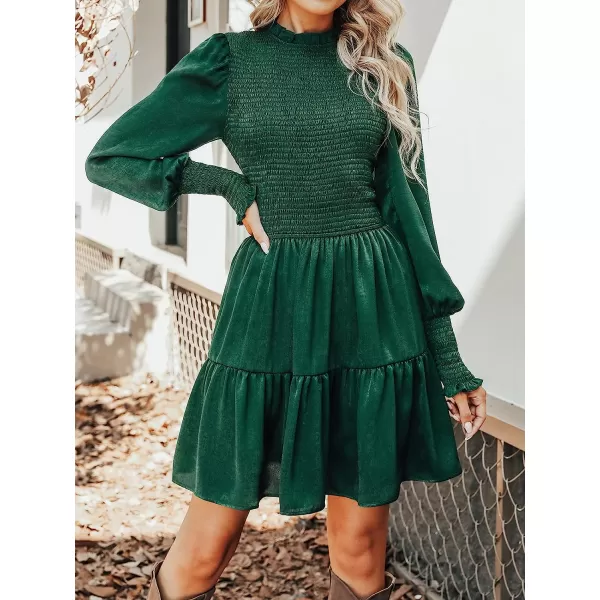 imageCUPSHE Womens High Neck Ruched Short Length Dresses Long Sleeves Smocked Dress with Tiered HemGreen