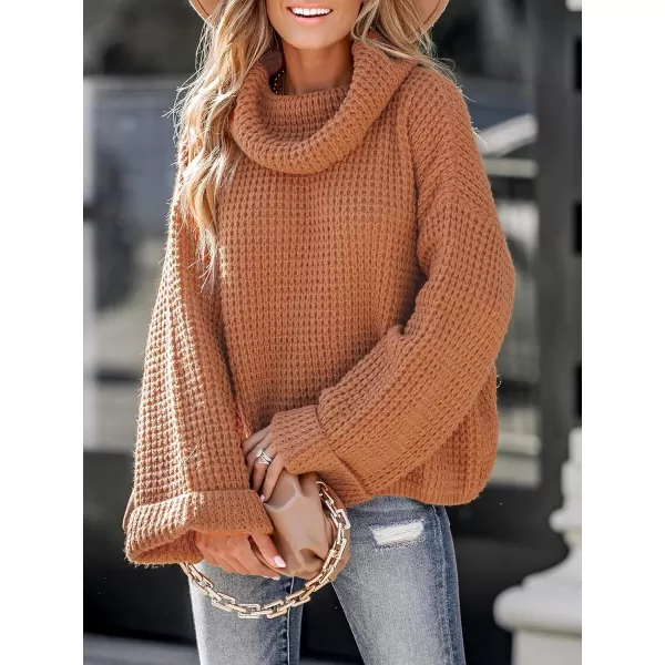 imageCUPSHE Womens High Neck Sweater Long Sleeve Knit Pullover Casual Crochet SweaterBrown