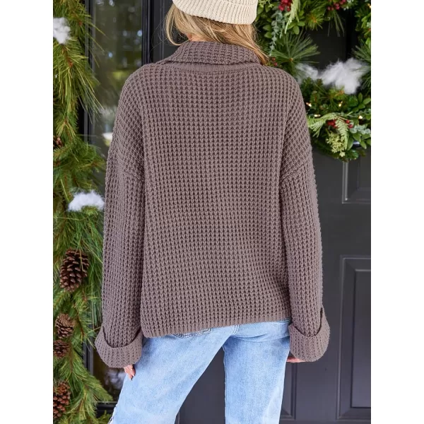 imageCUPSHE Womens High Neck Sweater Long Sleeve Knit Pullover Casual Crochet SweaterCocoa