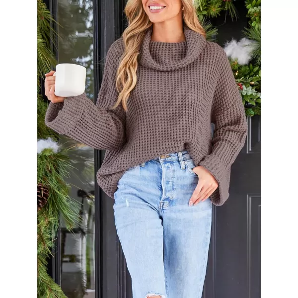 imageCUPSHE Womens High Neck Sweater Long Sleeve Knit Pullover Casual Crochet SweaterCocoa