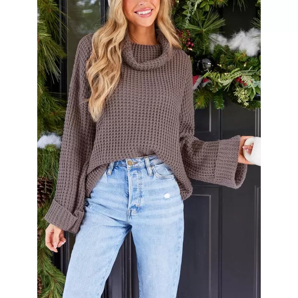 imageCUPSHE Womens High Neck Sweater Long Sleeve Knit Pullover Casual Crochet SweaterCocoa