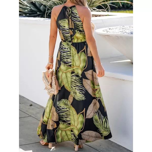 imageCUPSHE Womens High Round Neck Maxi Length Dresses Slip Summer Dress with Tropical PrintBlack