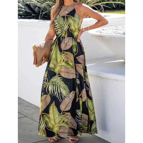 imageCUPSHE Womens High Round Neck Maxi Length Dresses Slip Summer Dress with Tropical PrintBlack