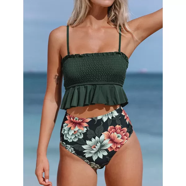imageCUPSHE Womens High Waist Bikini Swimsuit Ruffle Two Piece Bathing SuitArmy Green