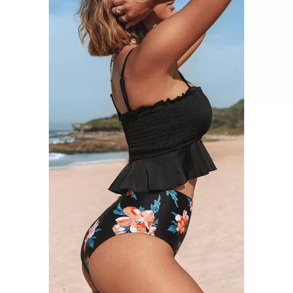imageCUPSHE Womens High Waist Bikini Swimsuit Ruffle Two Piece Bathing SuitBlack Leafy