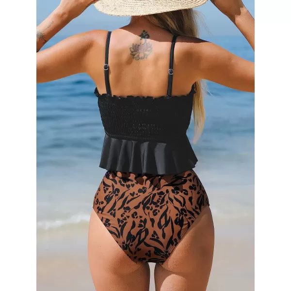 imageCUPSHE Womens High Waist Bikini Swimsuit Ruffle Two Piece Bathing SuitBlack Leopard Print