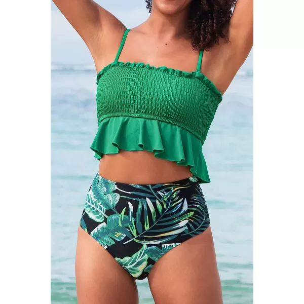 imageCUPSHE Womens High Waist Bikini Swimsuit Ruffle Two Piece Bathing SuitClover Green