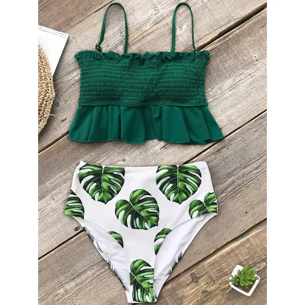 imageCUPSHE Womens High Waist Bikini Swimsuit Ruffle Two Piece Bathing SuitGreenWhite