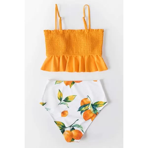 imageCUPSHE Womens High Waist Bikini Swimsuit Ruffle Two Piece Bathing SuitOrange Leafy