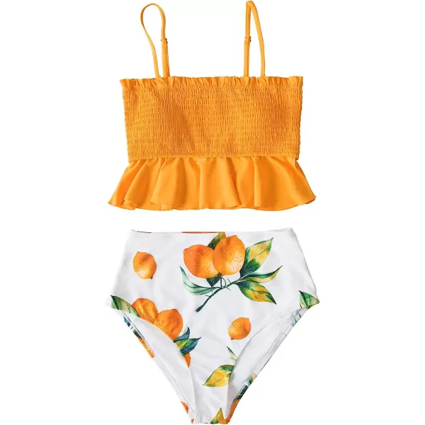 imageCUPSHE Womens High Waist Bikini Swimsuit Ruffle Two Piece Bathing SuitOrange Leafy