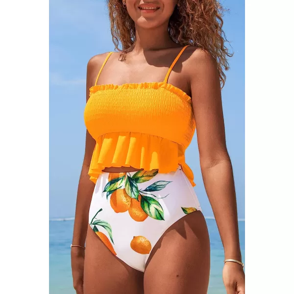 imageCUPSHE Womens High Waist Bikini Swimsuit Ruffle Two Piece Bathing SuitOrange Leafy