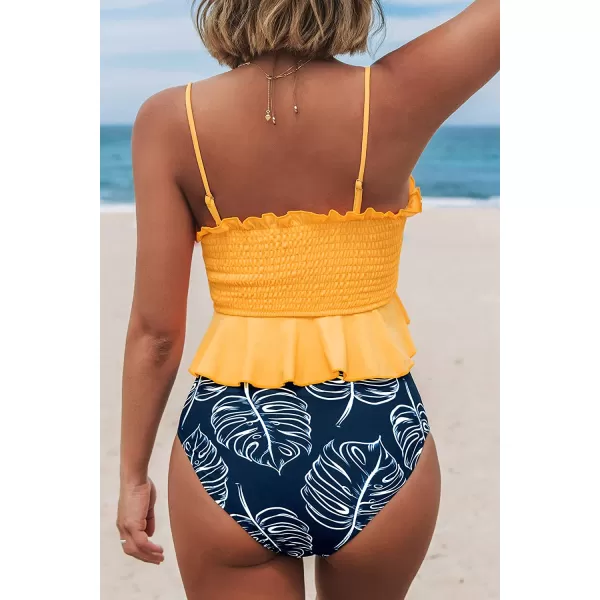 imageCUPSHE Womens High Waist Bikini Swimsuit Ruffle Two Piece Bathing SuitYellow Navy