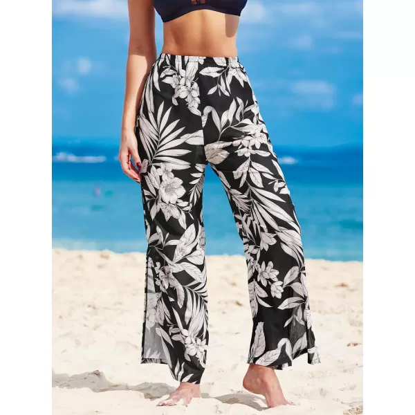 imageCUPSHE Womens High Waist Bottom Cover Up Sheer Beach Swimsuit Elastic Wide Leg Pants Side Slit Summer Floral 2024Black Tropical