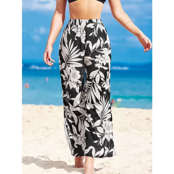 imageCUPSHE Womens High Waist Bottom Cover Up Sheer Beach Swimsuit Elastic Wide Leg Pants Side Slit Summer Floral 2024Black Tropical