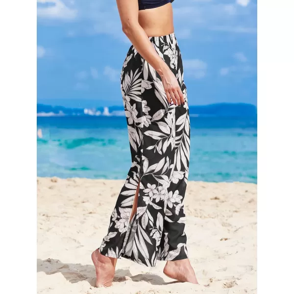 imageCUPSHE Womens High Waist Bottom Cover Up Sheer Beach Swimsuit Elastic Wide Leg Pants Side Slit Summer Floral 2024Black Tropical