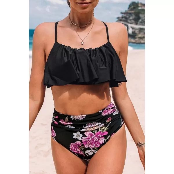 imageCUPSHE Womens High Waisted Falbala Bikini SetBlack Flower