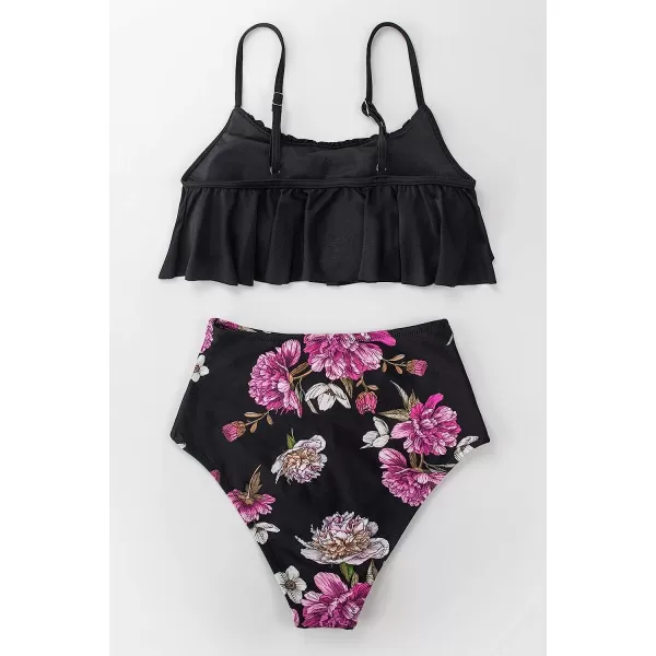 imageCUPSHE Womens High Waisted Falbala Bikini SetBlack Flower