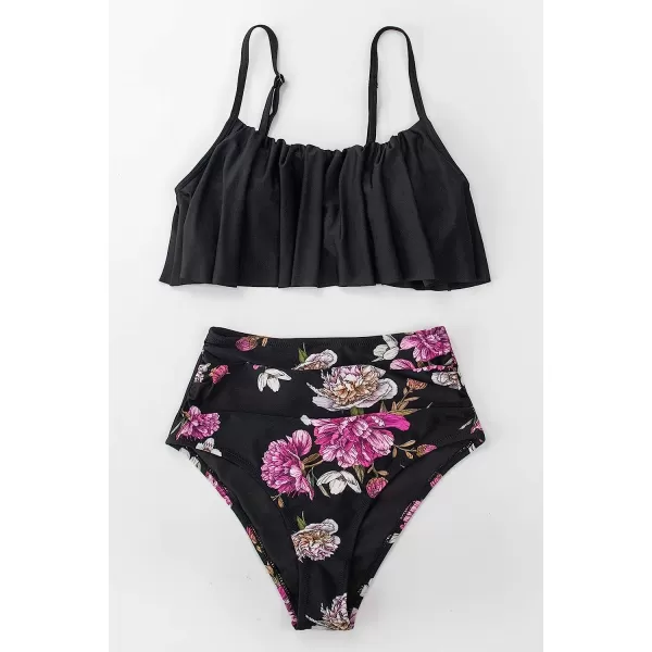 imageCUPSHE Womens High Waisted Falbala Bikini SetBlack Flower