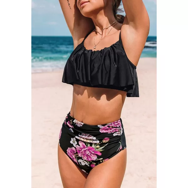 imageCUPSHE Womens High Waisted Falbala Bikini SetBlack Flower