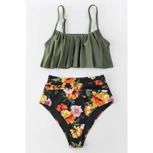 imageCUPSHE Womens High Waisted Falbala Bikini SetOlive GreenBlack