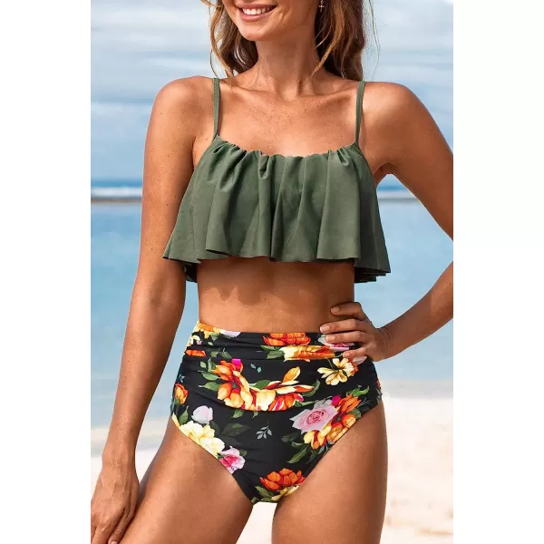 imageCUPSHE Womens High Waisted Falbala Bikini SetOlive GreenBlack