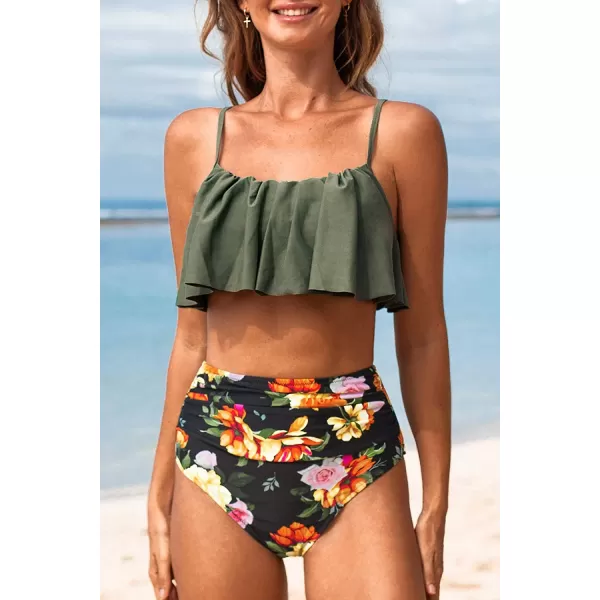 imageCUPSHE Womens High Waisted Falbala Bikini SetOlive GreenBlack