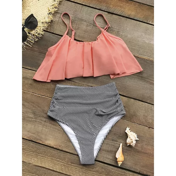 imageCUPSHE Womens High Waisted Falbala Bikini SetPink Orange
