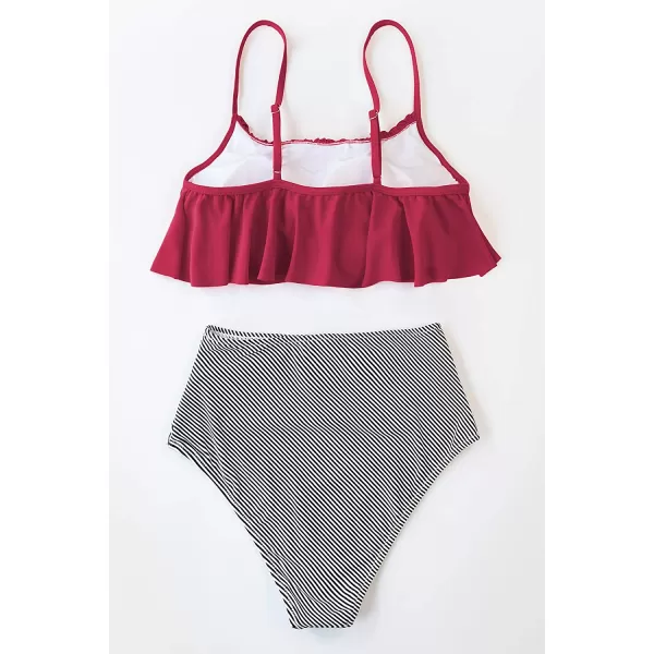 imageCUPSHE Womens High Waisted Falbala Bikini SetRed Stripe