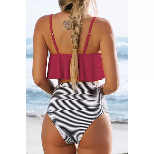 imageCUPSHE Womens High Waisted Falbala Bikini SetRed Stripe