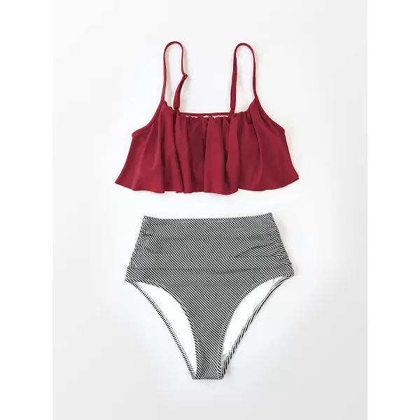 imageCUPSHE Womens High Waisted Falbala Bikini SetRed Stripe