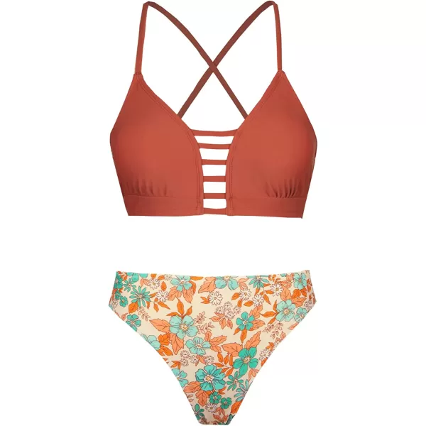 imageCUPSHE Womens High Waisted Two Piece Floral Strappy Self Back Tie Bikini SetBrick Red and Flower