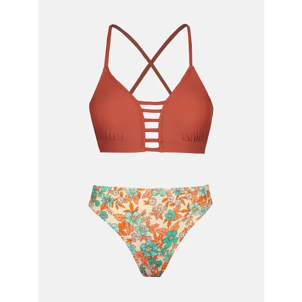 imageCUPSHE Womens High Waisted Two Piece Floral Strappy Self Back Tie Bikini SetBrick Red and Flower