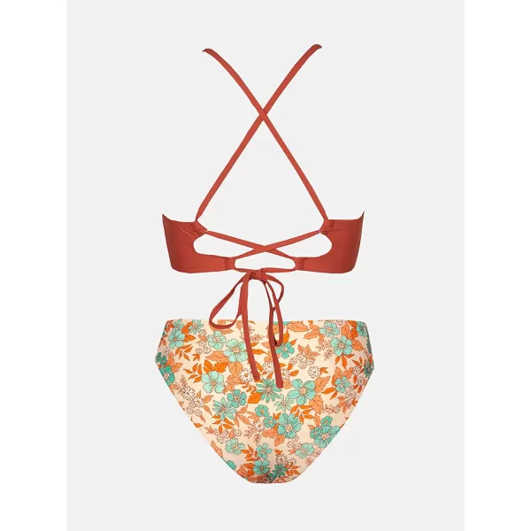 imageCUPSHE Womens High Waisted Two Piece Floral Strappy Self Back Tie Bikini SetBrick Red and Flower