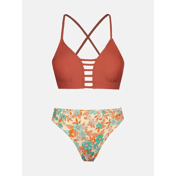 imageCUPSHE Womens High Waisted Two Piece Floral Strappy Self Back Tie Bikini SetBrick Red and Flower