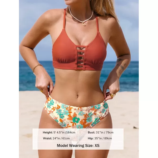 imageCUPSHE Womens High Waisted Two Piece Floral Strappy Self Back Tie Bikini SetBrick Red and Flower