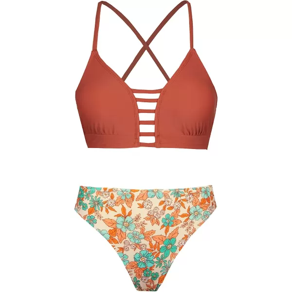 imageCUPSHE Womens High Waisted Two Piece Floral Strappy Self Back Tie Bikini SetBrick Red and Flower