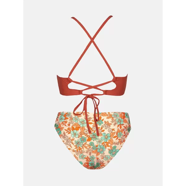 imageCUPSHE Womens High Waisted Two Piece Floral Strappy Self Back Tie Bikini SetBrick Red and Flower