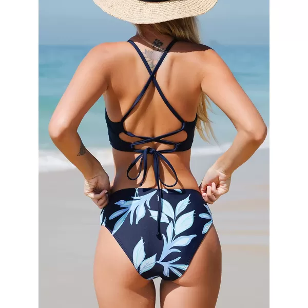 imageCUPSHE Womens High Waisted Two Piece Floral Strappy Self Back Tie Bikini SetNavy and Tropical Print