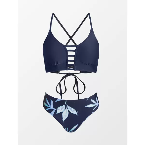 imageCUPSHE Womens High Waisted Two Piece Floral Strappy Self Back Tie Bikini SetNavy and Tropical Print