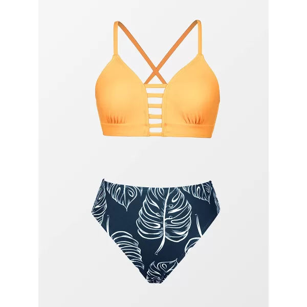 imageCUPSHE Womens High Waisted Two Piece Floral Strappy Self Back Tie Bikini SetOrange Dark Blue