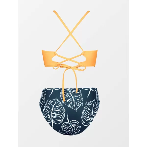 imageCUPSHE Womens High Waisted Two Piece Floral Strappy Self Back Tie Bikini SetOrange Dark Blue