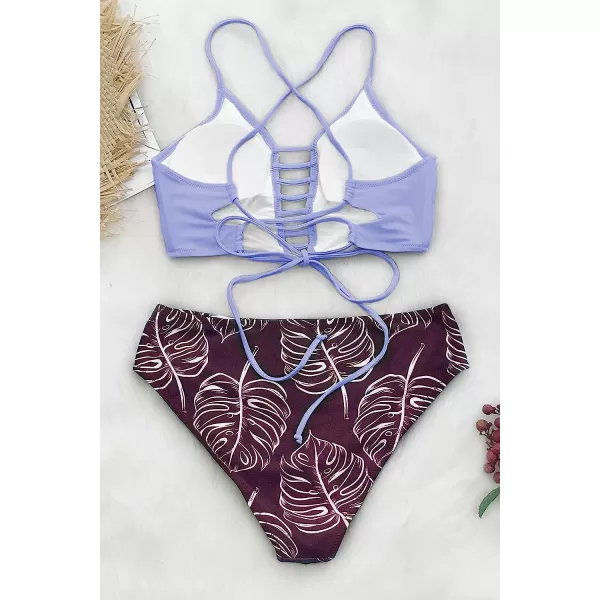 imageCUPSHE Womens High Waisted Two Piece Floral Strappy Self Back Tie Bikini SetPurple