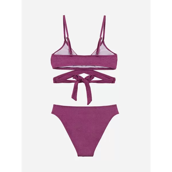 imageCUPSHE Womens High Waisted Two Piece Floral Strappy Self Back Tie Bikini SetPurple