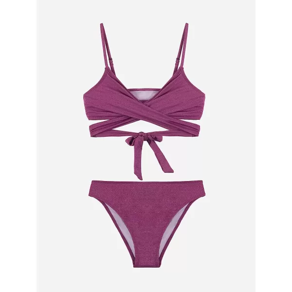 imageCUPSHE Womens High Waisted Two Piece Floral Strappy Self Back Tie Bikini SetPurple