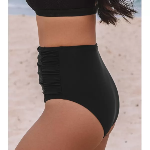 imageCUPSHE Womens High Wasited Bikini Bottom Shirred Tummy Control Swimsuit Full Coverage Retro Swim BottomXS4XLBlack